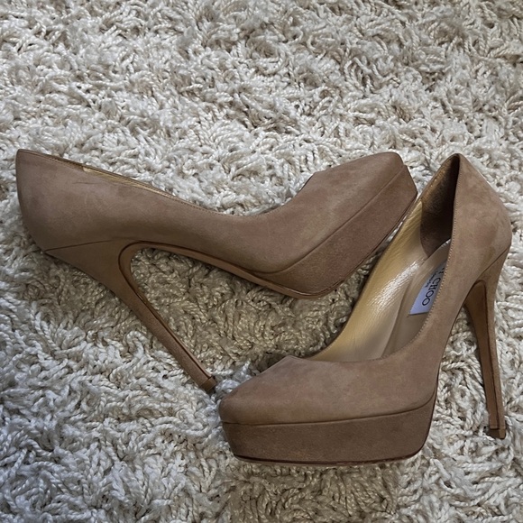 Jimmy Choo suede neutral pumps heels platform 37 US 7 beige tan - Picture 9 of 14